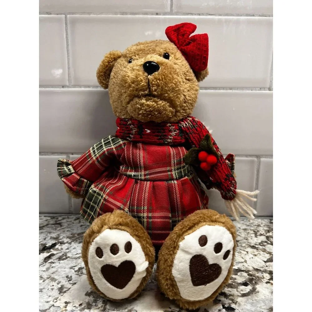 Hanna's Handiworks Holiday Teddy Bear Duo Set With Plaid Dress & Red Scarf Plush